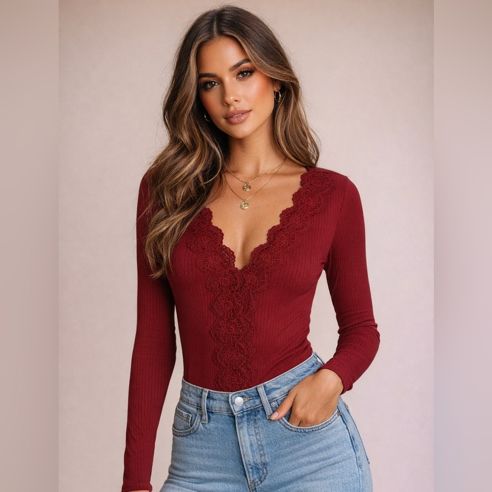 Lulu's Red Lace-Trim Long Sleeve Ribbed Bodysuit Embroidered V-Nick Size S